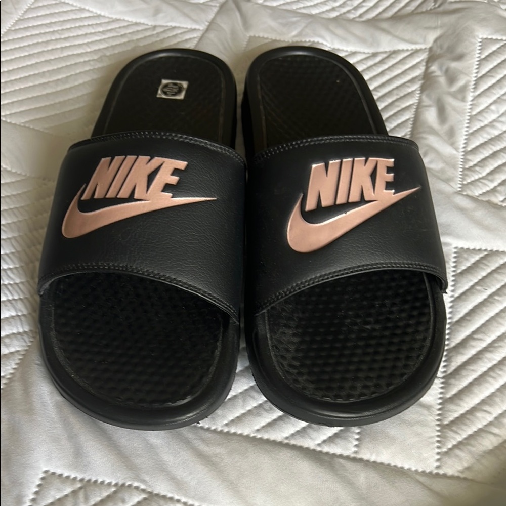 Nike Black Slides with Pink Logo